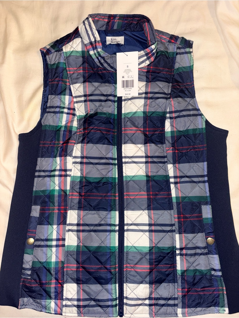 Kim Rogers Navy, Green & White Quilted Plaid Vest. NEW WITH TAGS !  Stretchy